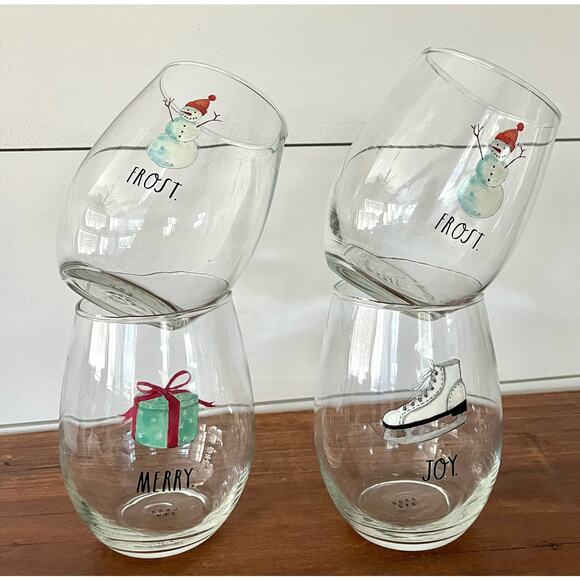 Rae Dunn Set of 4 Christmas Holiday  Stemless Wine Glasses Frosy Joy Merry - Picture 2 of 10